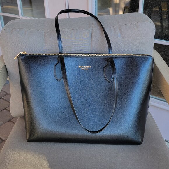 KATE SPADE Bleecker Black Saffiano Leather Large Zip Top Tote Bag - Picture 1 of 15